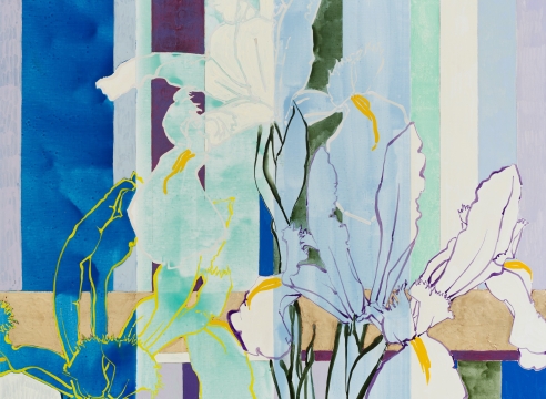 Robert Kushner, Three Dutch Iris, 2020. Oil, acrylic, and gold leaf on canvas, 72 x 72 inches